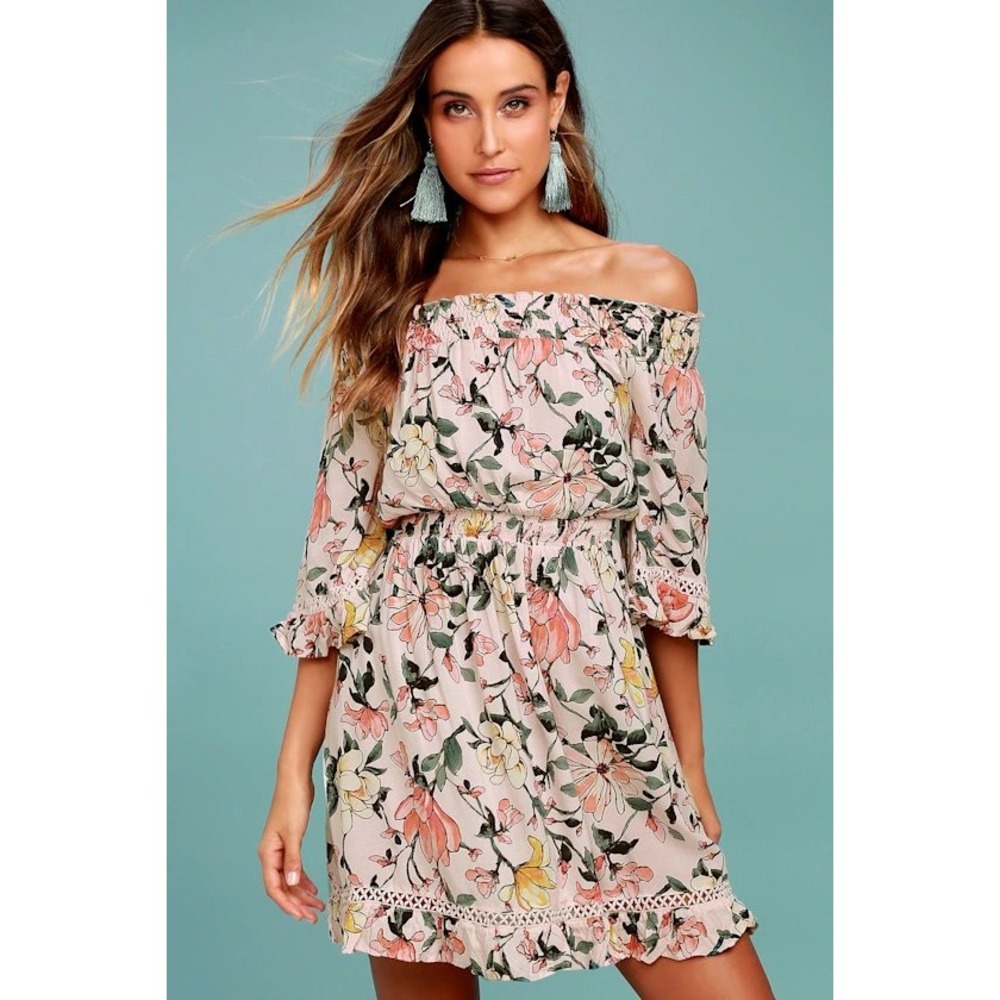 Lulus Hello Darling Blush Pink Floral Print Off-the-Shoulder Dress Small